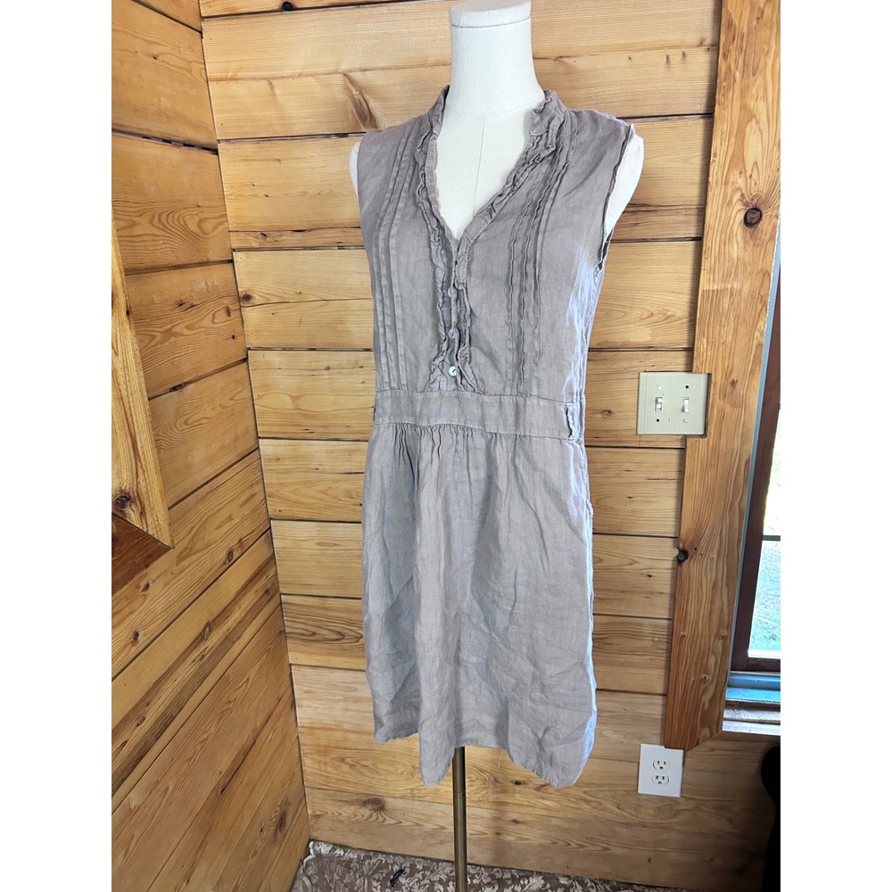 Linen Dress Women Small Taupe Drop Waist Pintuck Ruffle V Neck Lina Tomei